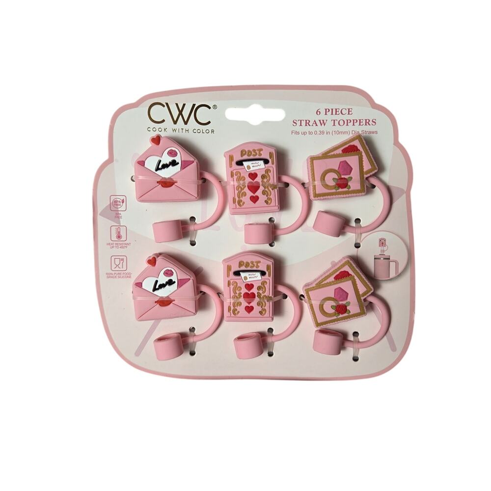 CWC Cook w/Color VALENTINE Straw Toppers Drink Cover 6pc. Love Letter NEW Pink